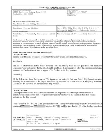 Aurobindo Pharma Limited Unit 16 Receives FDA Form 483 | Aurobindo ...