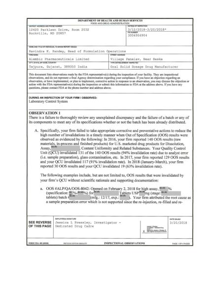 FDA Issues Form 483 to Alembic Pharmaceuticals | Alembic ...