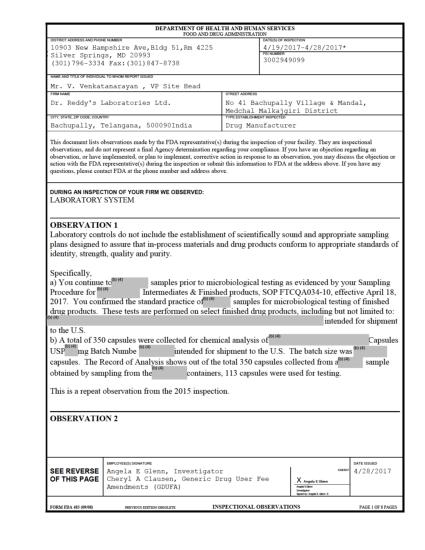 FDA Issues Form 483 To Dr. Reddy's Laboratories | Dr. Reddy\'s ...