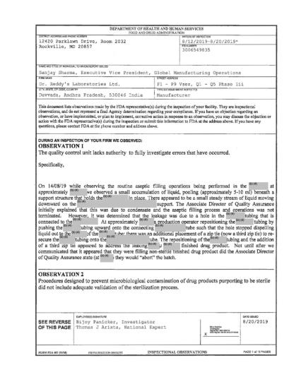 FDA Issues Form 483 to Dr. Reddy's Laboratories Duvvada India | Dr ...
