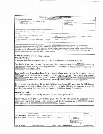 FDA Issues Form 483 to Dr. Reddy's Laboratories Ltd. | Dr. Reddy\'s ...