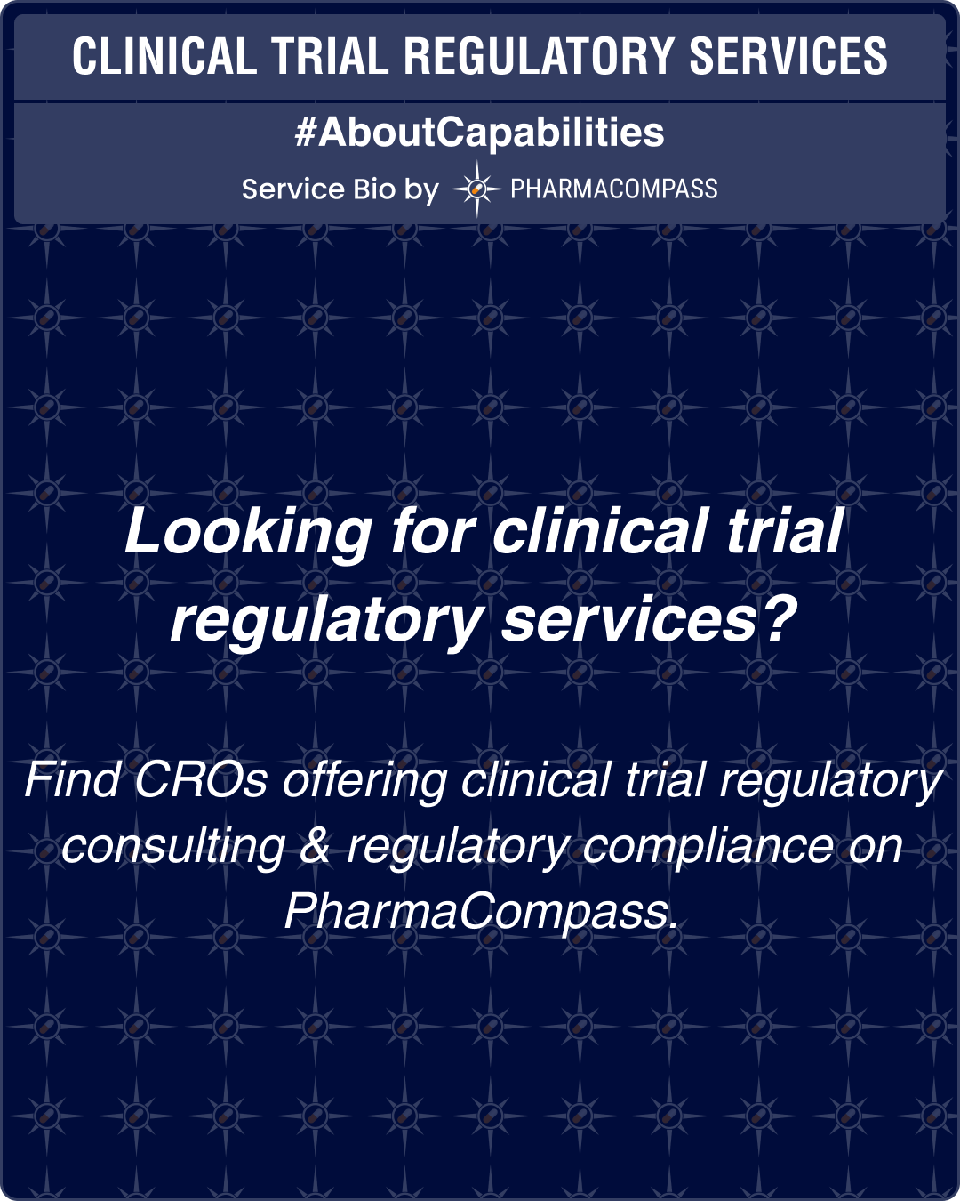 Looking for clinical trial regulatory services? Find CROs offering clinical trial regulatory consulting & regulatory compliance on PharmaCompass.