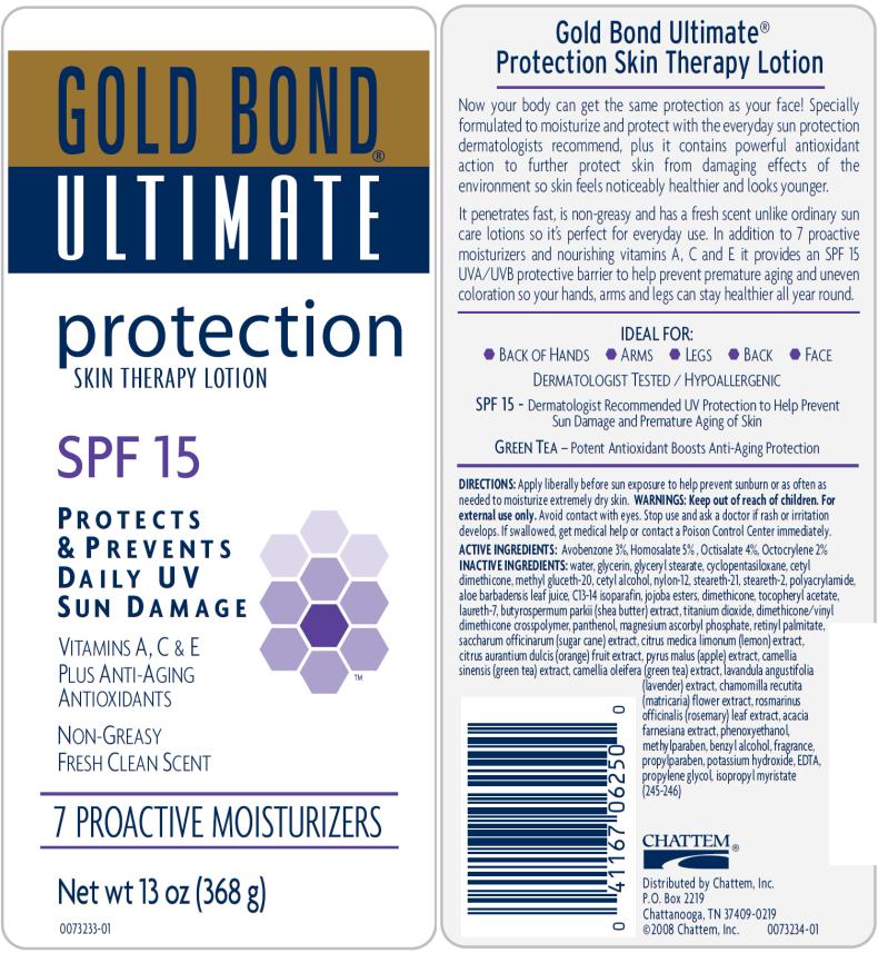 PRINCIPAL DISPLAY PANEL GOLD BOND® ULTIMATE protection SKIN THERAPY LOTION SPF 15 PROTECTS & PREVENTS DAILY UV SUN DAMAGE Net wt 13 oz (368 g)
