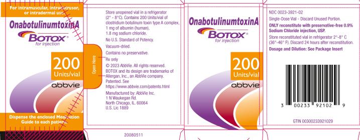 PRINCIPAL DISPLAY PANEL NDC 0023-3921-02  OnabotulinumtoxinA BOTOX® for injection 200 Units/vial abbvie