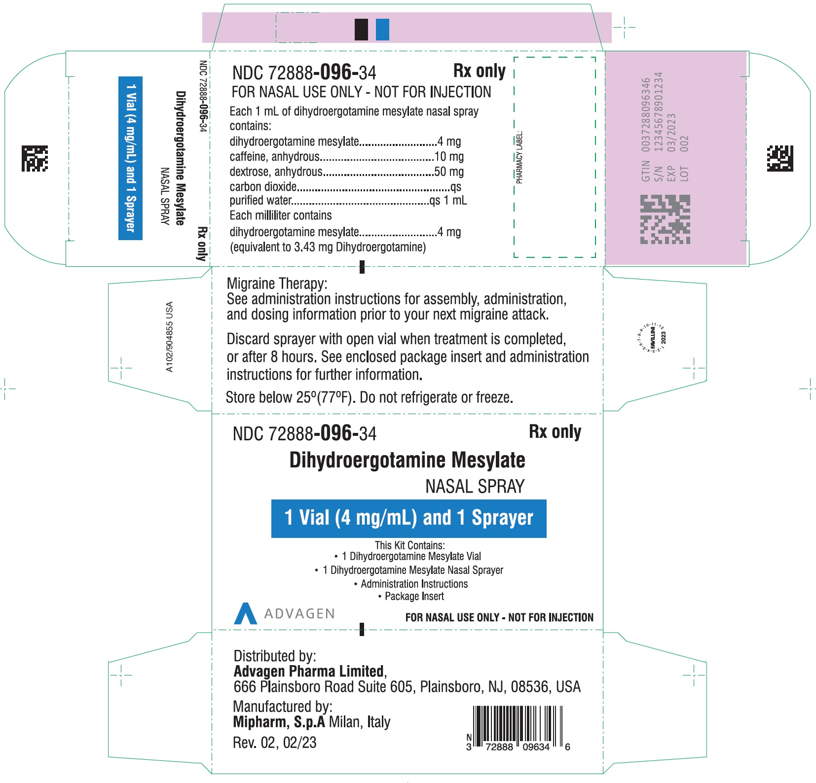 Dihydroergotamine Mesylate Nasal Spray - NDC 72888­096-18 - Single Carton Label
